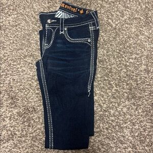 Rock Revival Dark Blue Jeans boot cut with White Stitching